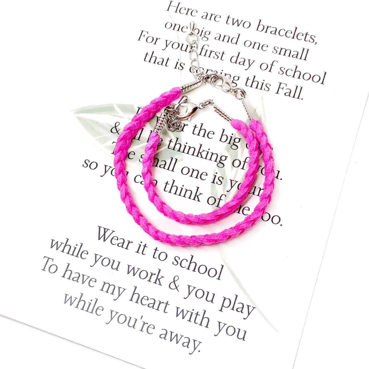 The first day of school can be nerve wracking for everyone, kids and parents. These little comfort bracelets bring piece of mind for parents and kids because they head off to school knowing they have a little piece of each other while apart. This first day of school set comes with one small and one adult adjustable bracelet as well as a beautifully written poem to read to your child before they head off to school.