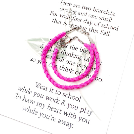 The first day of school can be nerve wracking for everyone, kids and parents. These little comfort bracelets bring piece of mind for parents and kids because they head off to school knowing they have a little piece of each other while apart.   This first day of school set comes with one small and one adult adjustable bracelet as well as a beautifully written poem to read to your child before they head off to school.