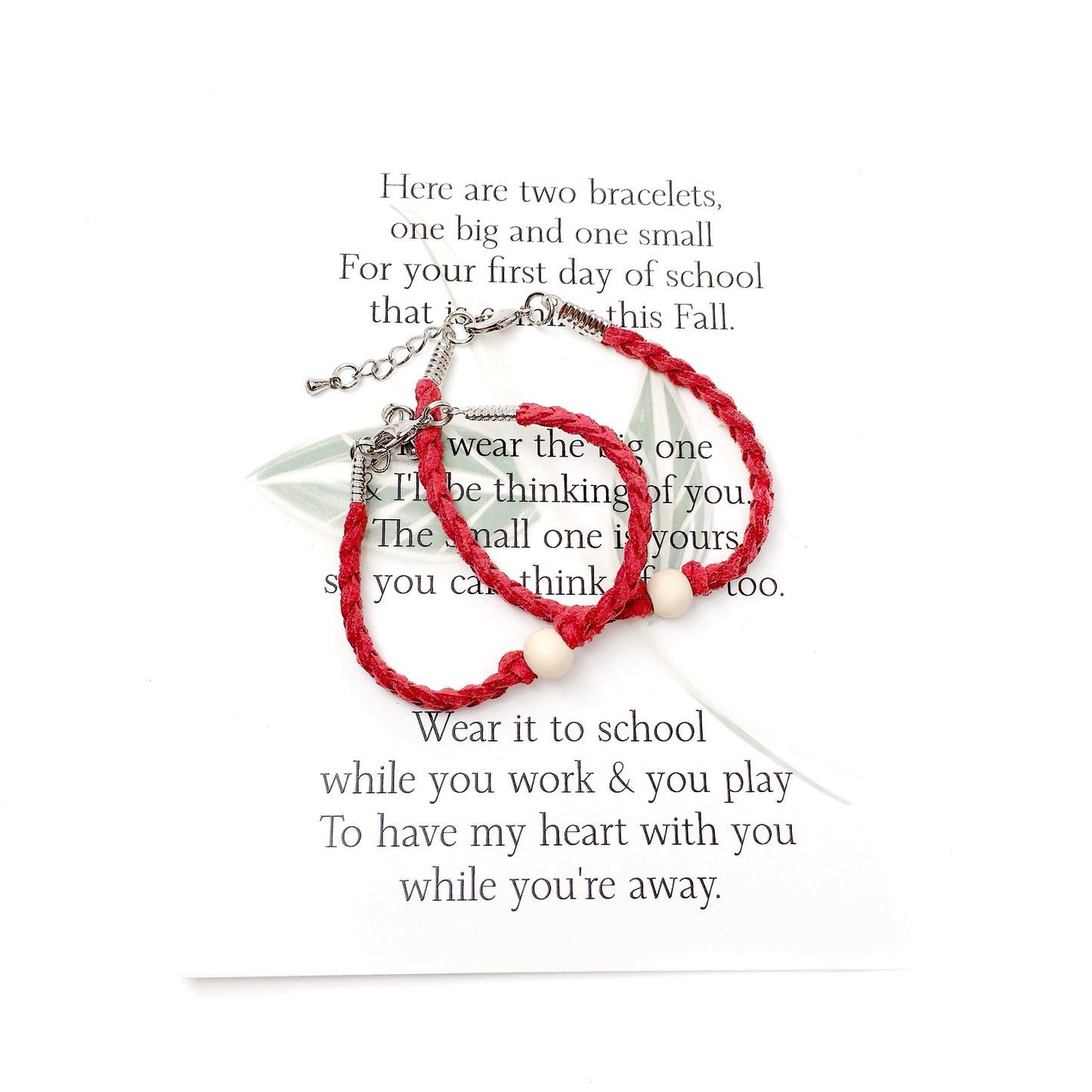 The first day of school can be nerve wracking for everyone, kids and parents. These little comfort bracelets bring piece of mind for parents and kids because they head off to school knowing they have a little piece of each other while apart. This first day of school set comes with one small and one adult adjustable bracelet as well as a beautifully written poem to read to your child before they head off to school.