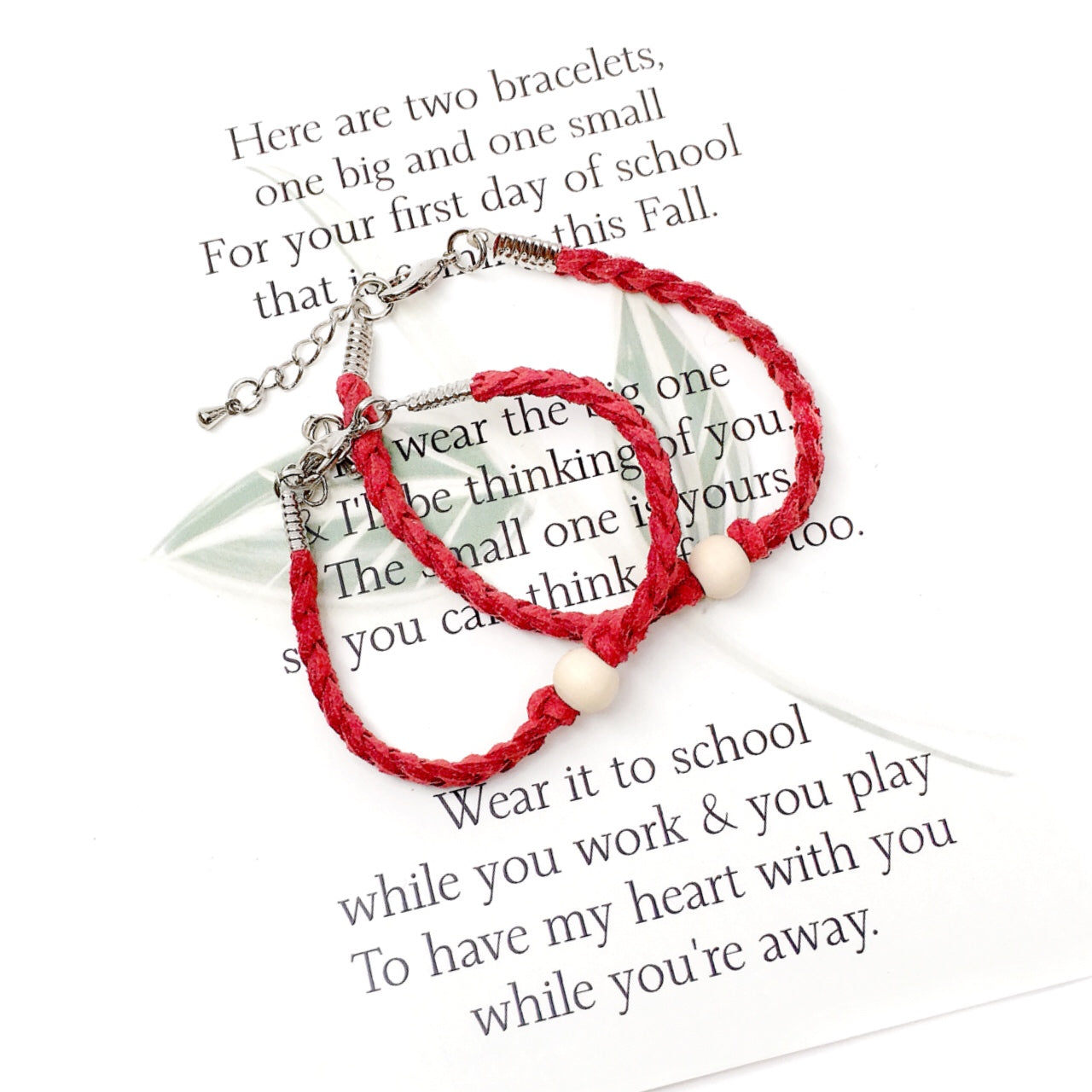 The first day of school can be nerve wracking for everyone, kids and parents. These little comfort bracelets bring piece of mind for parents and kids because they head off to school knowing they have a little piece of each other while apart. This first day of school set comes with one small and one adult adjustable bracelet as well as a beautifully written poem to read to your child before they head off to school.
