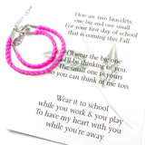 The first day of school can be nerve wracking for everyone, kids and parents. These little comfort bracelets bring piece of mind for parents and kids because they head off to school knowing they have a little piece of each other while apart.   This first day of school set comes with one small and one adult adjustable bracelet as well as a beautifully written poem to read to your child before they head off to school. 
