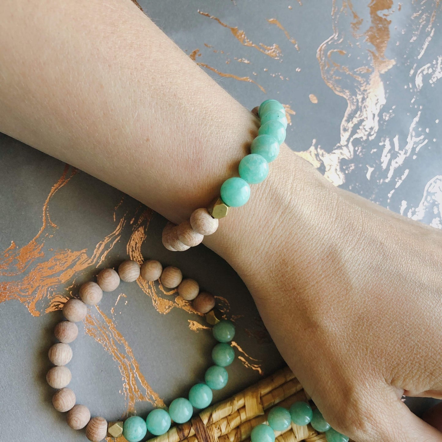 Aqua Amazonite Rose Wood Diffuser Bracelet