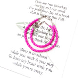 The first day of school can be nerve wracking for everyone, kids and parents. These little comfort bracelets bring piece of mind for parents and kids because they head off to school knowing they have a little piece of each other while apart.   This first day of school set comes with one small and one adult adjustable bracelet as well as a beautifully written poem to read to your child before they head off to school. 