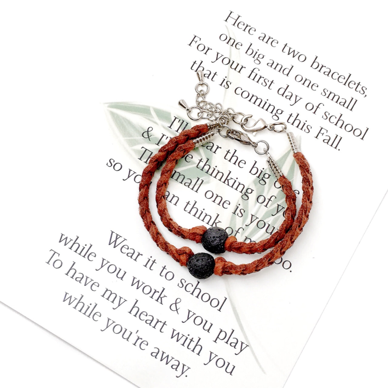 The first day of school can be nerve wracking for everyone, kids and parents. These little comfort bracelets bring piece of mind for parents and kids because they head off to school knowing they have a little piece of each other while apart.   This first day of school set comes with one small and one adult adjustable bracelet as well as a beautifully written poem to read to your child before they head off to school. 