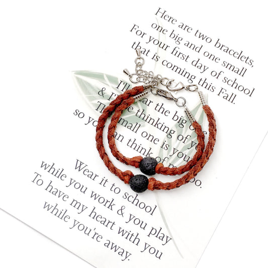 The first day of school can be nerve wracking for everyone, kids and parents. These little comfort bracelets bring piece of mind for parents and kids because they head off to school knowing they have a little piece of each other while apart.   This first day of school set comes with one small and one adult adjustable bracelet as well as a beautifully written poem to read to your child before they head off to school. 