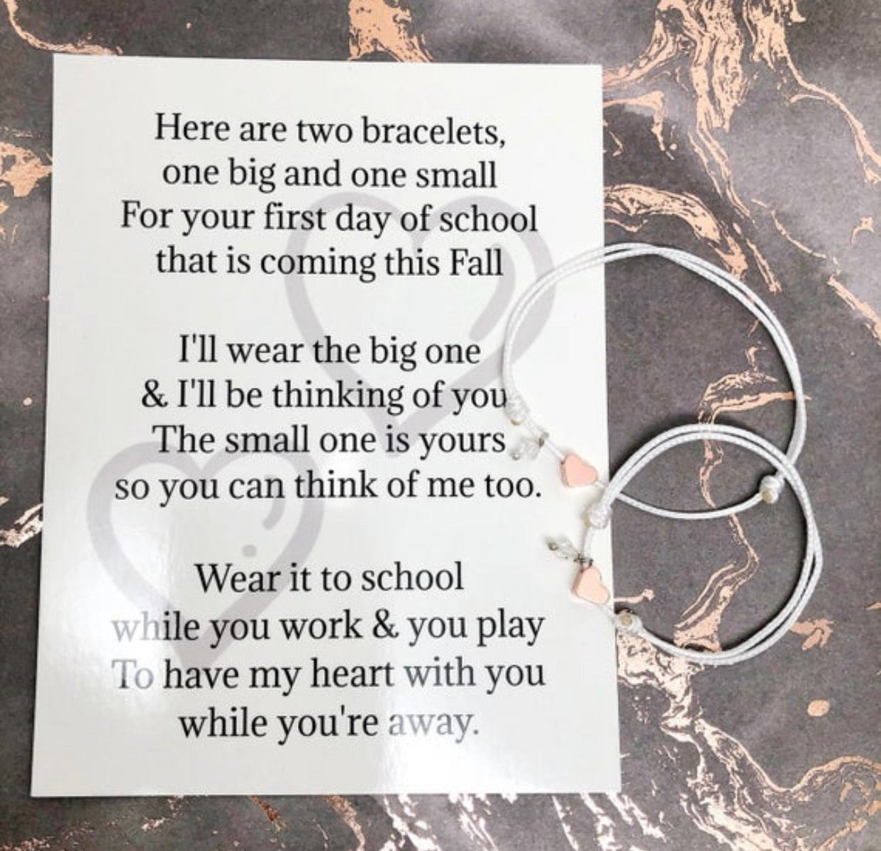 First Day of School Heart Charm Cord Bracelet Set with Poem