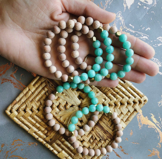 Aqua Amazonite Rose Wood Diffuser Bracelet